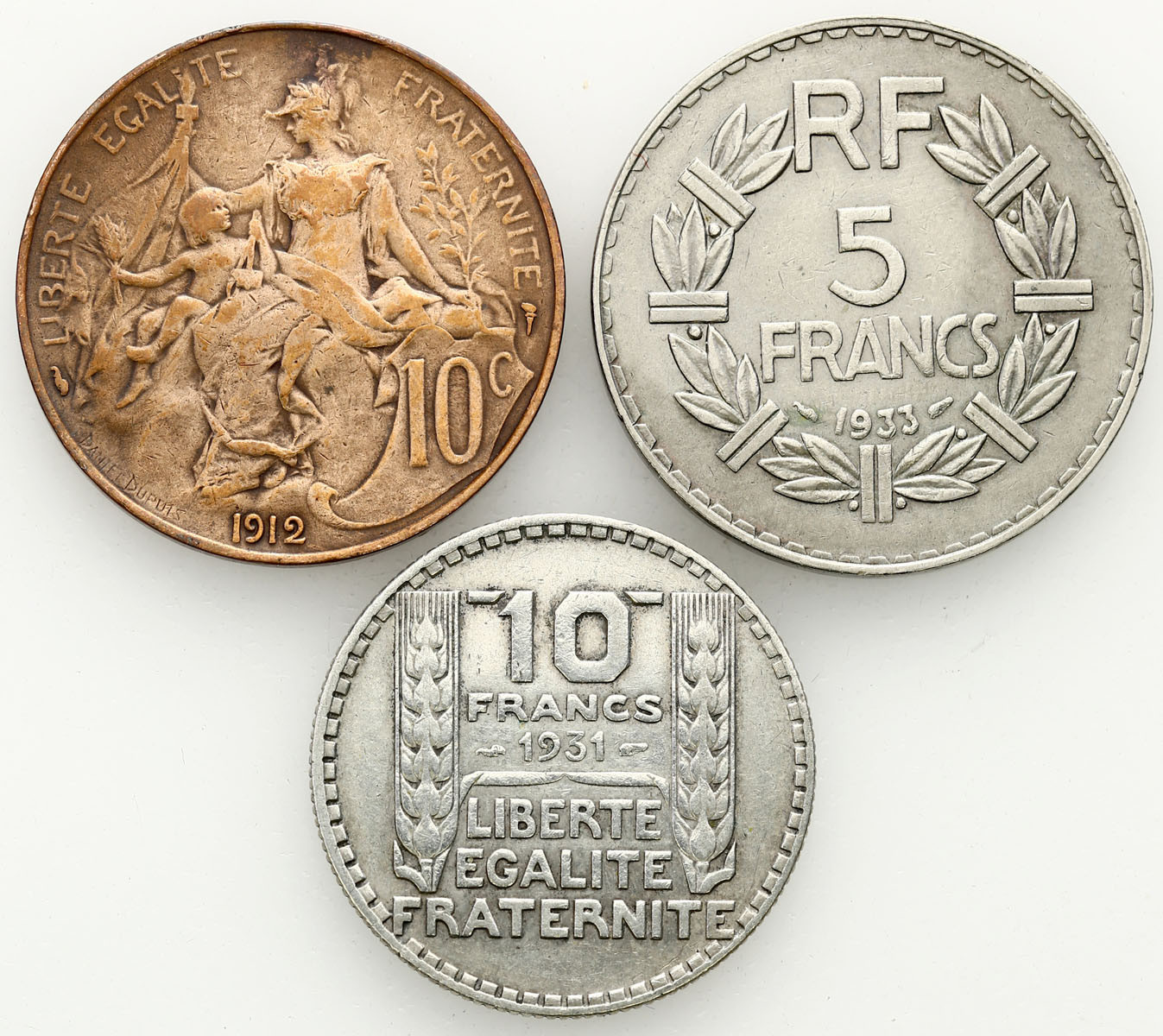 Francja, 10 centimes – 10 Franków, 1912 – 1933, Zestaw 3 monet.